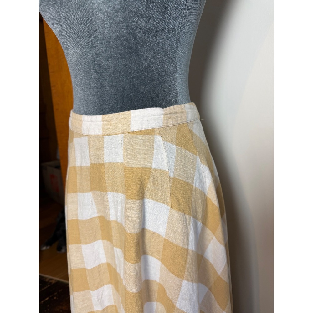 Tan White Gingham Linen Blend Midi A-Line Skirt picnic flowy preppy size 6 - Picture 3 of 8